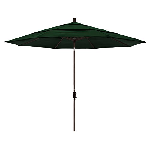 California Umbrella 11' Round Aluminum Market Umbrella, Crank Lift, Auto Tilt, Bronze Pole, Hunter Green Olefin
