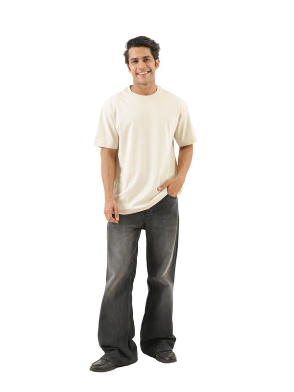 Image of SAADAA Men's Oversized Cotton T-Shirt | 210 GSM Heavyweight Fabric | Drop Shoulder | Dual Knit | Comfortable Casual Wear | Solid Colors