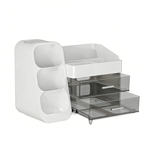 Fockety Organizador de Maquillaje con Cajones, Vitrina de Cosméticos para Encimera de Baño con Soporte para Brochas, Organizador Grande para el Cuidado de la Piel para Tocador (WHITE)