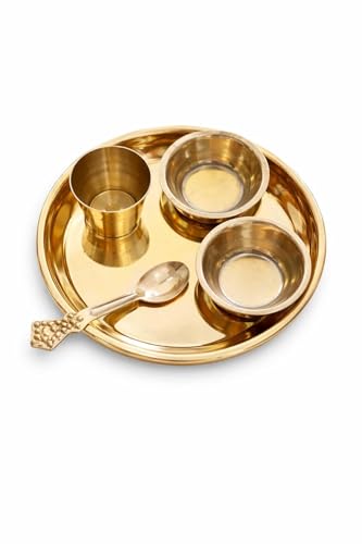 Image of CyberKavish Brass Puja Bhog Thali Bartan Set for Kanha /Laddu Gopal, 5 Pieces, 5 Inch /12 cm Diameter, Golden Finish, Traditional Design