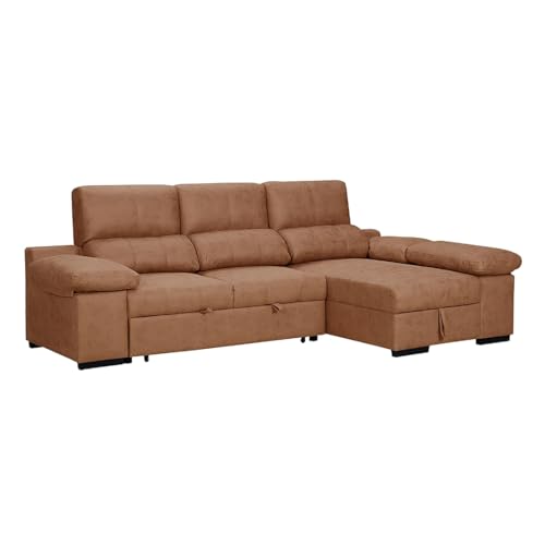 Acomoda Textil - Sofá Chaise Longue Convertible en Cama con Arcón de Almacenaje. Estructura de Madera, Asientos Acolchados y Tapizado Resistente Moderno para Salón y Hogar. (Huesca, Piedra)