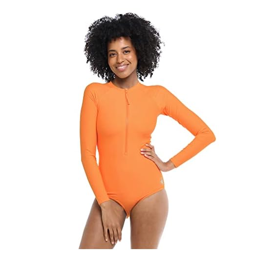 Body Glove Maiô feminino padrão Smoothies Chanel sólido manga longa zíper frontal maiô de uma peça, loquat, G