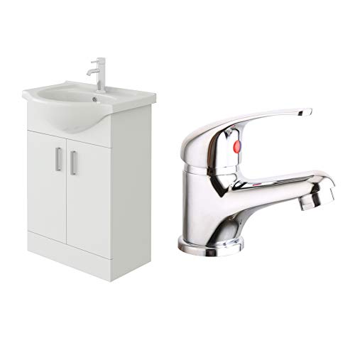 VeeBath Linx 550 Vanity Unit with Ceramic Wash Basin Sink and Mono Mixer Tap, Floor Standing, Soft Close Doors Bathroom Storage Cabinet- White (Flat Pack)