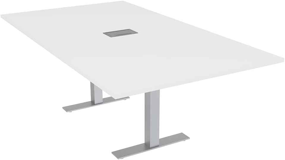 SKUTCHI DESIGNS INC. 6 Person Rectangle Conference Table with Power & Data | Brushed Silver Metal T-Base | Harmony Series Meeting Tables for Offices, Training Rooms, and Homes | White – 7ft