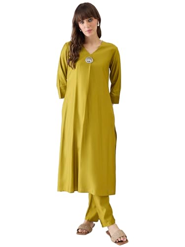 Image of INDO ERA Women's Viscose Solid A-Line Calf Length Kurta & Pant Set (IESTR12352)