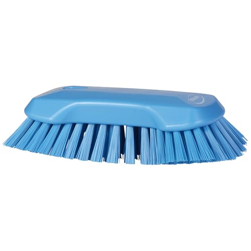 Image of Vikan 38943 Extra Large Hand Brush, Multifunctional, Slip-Resistant Cleaning Tool, Extra Stiff Polypropylene & Polyester Bristle, 9.1 inch, Blue