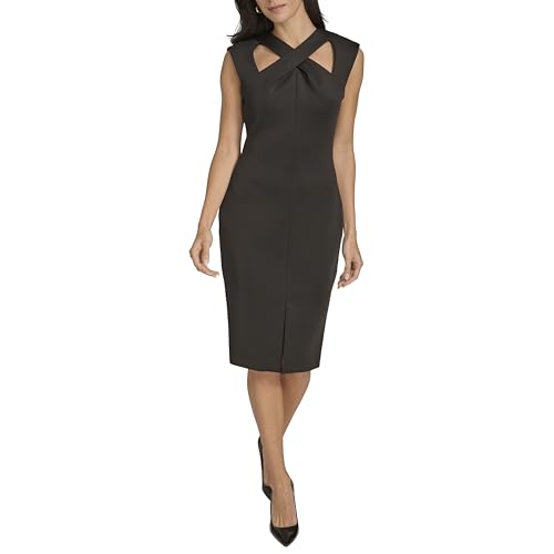 Image of Calvin Klein Women's Sleeveles Cutout Crossover Neckline Knee Length Crepe Sheath Dress