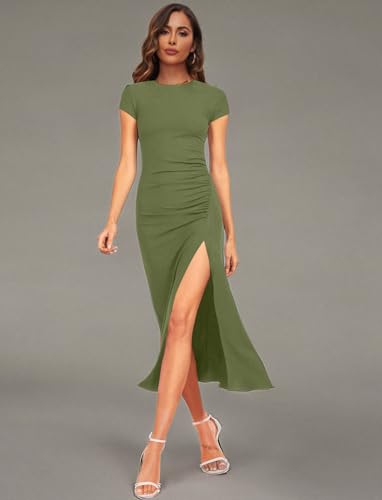 Image of NOVANDO Casual Short Sleeve Ruched Cotton Bodycon Midi Dress for Women 2024 Summer Crew Neck Party Club T Shirt Dress
