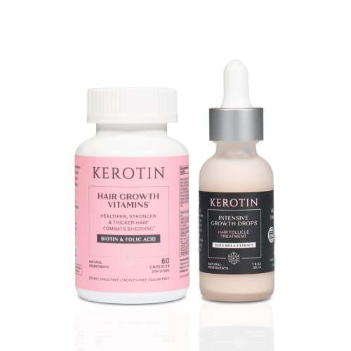 Kerotin Hair Growth Vitamins bundle with Intensive Hair Growth Serum Treatment to Boost Natural & Healthy Hair Growth - Supplement Enriched with Biotin, Folic Acid, Saw Palmetto - Natural DHT Blockers