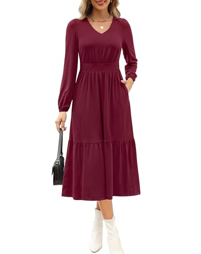 Kranda Vestido midi de manga larga abombada con cuello en V para mujer, casual, plisado, con volantes, con bolsillos, Rojo vino, M