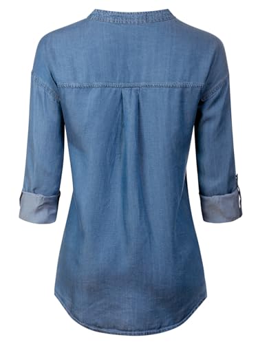 MixMatchy Women's Casual Basic Roll Up Sleeve Denim Chambray V-Neck Tencel Button Down Shirt3