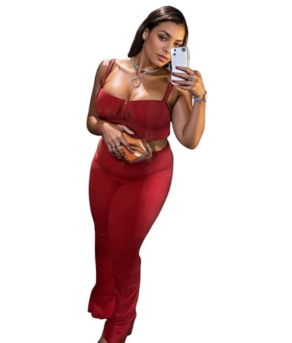 Image of Jigfar Womens Sexy 2 Piece Outfit Spaghetti Straps Crop Top Jumpsuit Party Clubwear(F5215,Red,XL)