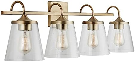 Capital Lighting 139142AD-496 Jayne Unique Rectangular Clear Seeded Glass Bath Vanity Wall Mount, 4-Light 400 Total Watts, 11" H x 33" W, Aged Brass