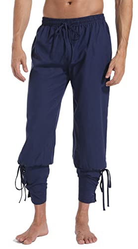 perdontoo Mens Ankle Banded Cuff Renaissance Pants Medieval Viking Navigator Trousers Pirate Cosplay Costume (30 Navy)