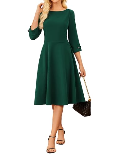 GRACE KARIN Damen Elegantes Midi Cocktailkleid 3/4 Ärmel U-Boot-Ausschnitt A-Linie Herbstkleider Abendkleid Dunkelgrün M