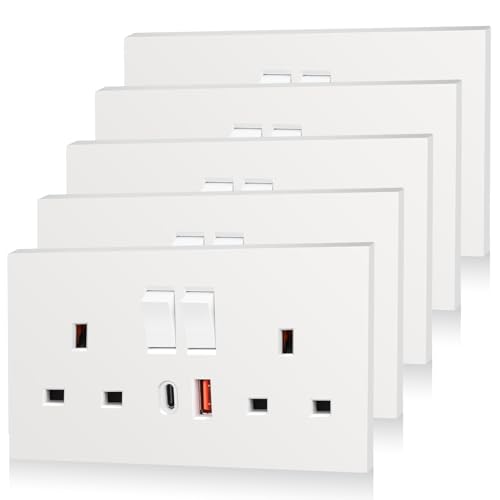 5 Pack CNBINGO USB Type C Double Socket, 20W Max Fast Charging, Double Switched Socket with 20W PD USB C and A, Electric Power Sockets 2 Gang 13 Amp, White Double Wall Outlet
