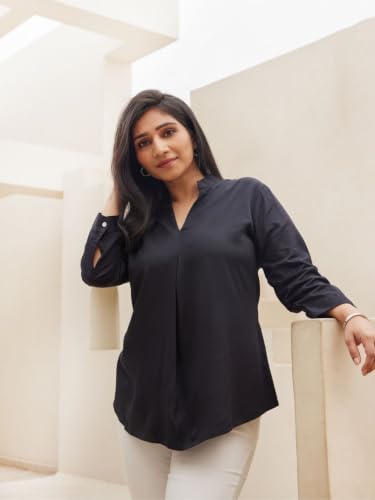 Image of SAADAA Top for Women, Viscose Pleated Tops, V-Neck with a Collar, 3 /4 Sleeve Length, Office & Casual Wear
