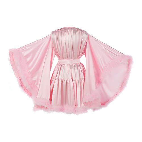 Women's Feather Bridal Robes Silk Satin Bridal Dressing Gown Sexy Illusion Lingerie Sleepwear4