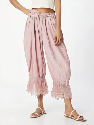 Image of KOSUSANILL Women Long Bloomer Pants Lace Trim Ruffle Pantaloons Cropped Lounge Pajama Bottoms Y2K Capri Pettipants