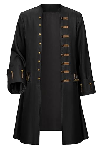 JINSERHOO Men Pirate Captain Costume for Adult Medieval Jacket Victorian 18th Steampunk Coat Halloween Cosplay Black