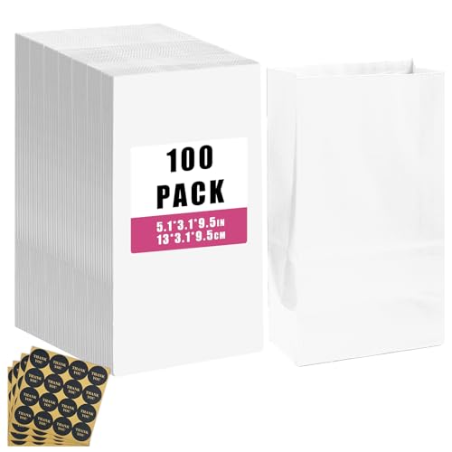 Gcardist 100 Stück Weiß Behandeln Papiertüten mit 100 Aufkleber 5.1x 3.1x 9.4 Kleine Party Geschenk Tasche Snack Tasche ohne Griff