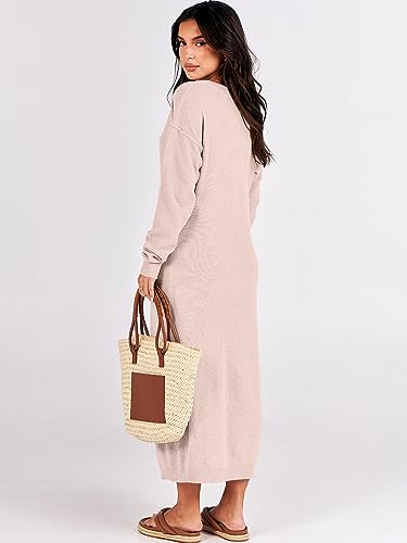 Image of ANRABESS Women Long Sleeve Button V Neck Oversized Casual Loose Fit Waffle Knit Fall Midi Sweater Dress 2026 Trendy Outfits