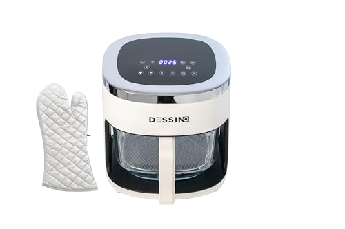 DESSINO Freidora de Aire Digital Sin Aceite 4,2L,Sin Precalentamiento y Desconexión Automática,Cesta de Cristal con Visión 360°,Pantalla Táctil,Capacidad 5-6 Raciones,6 programas,Limpieza Fácil,1300W
