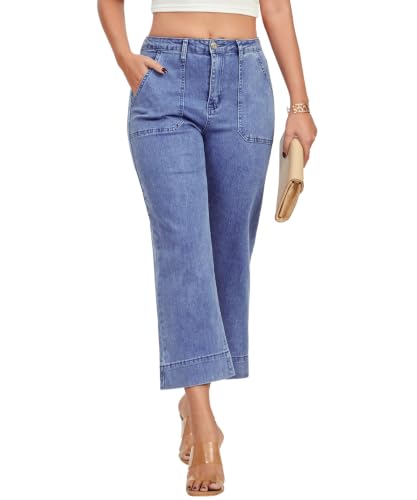 VIPONES Wide Leg Jeans for Women Trendy High Waisted Straight Jeans Cropped Denim Pants Stretchy Baggy Pants with Pockets(640, XXL) Blue — view 6
