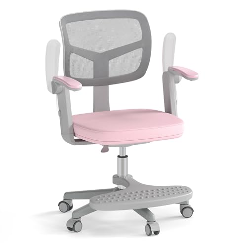 COSTWAY Silla Escritorio Juvenil, Silla Ergonómica Infantil con Asiento Giratorio 360°, Reposabrazos Ajustables, Silla Giratoria de Malla con Ruedas Universales para Niños