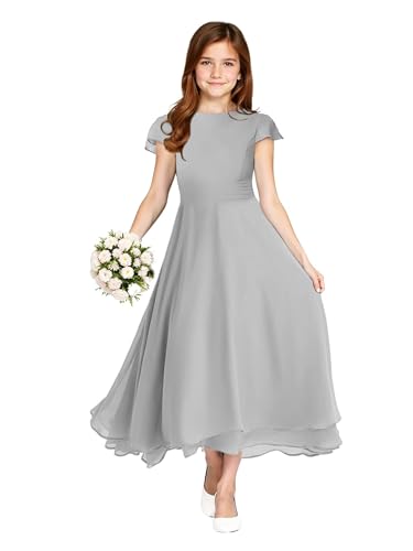 MCieloLuna Summer Short Sleeve Junior Bridesmaids Dresses for Wedding Boho Flowing Chiffon Formal Evening Midi Dress