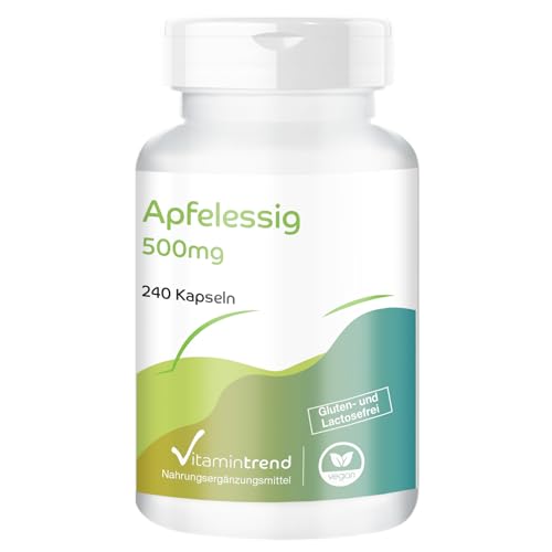 Vitamintrend Apfelessig 500mg, 240 Kapseln, 2000mg Apfelessig-Pulver pro Tagesdosis, Nahrungsergänzungsmittel vegan ohne Magnesiumstearat, in Deutschland hergestellt