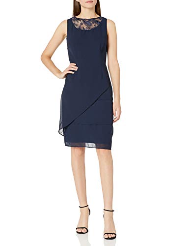 Le Bos Women's Embellished Trim Asymmetrical Tiered Jacket Dress, Navy, 16 #TOP2