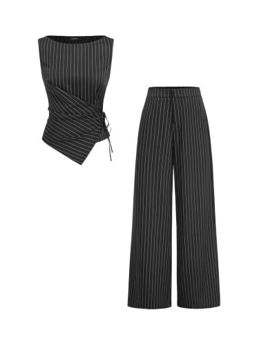 CIDER Lounge Sets For Women Striped Wrap Knotted Top Straight Leg Trousers Set Boat Neck Mid Waist Outfit