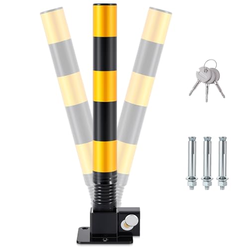 Zonon 1 Pcs Spring Parking Post Folding Heavy Metal Parking Barrier Lock Obstacle Pile with Warning Stripes Interceptor Bollard for Traffic-Sensitive Area Garage (Black)