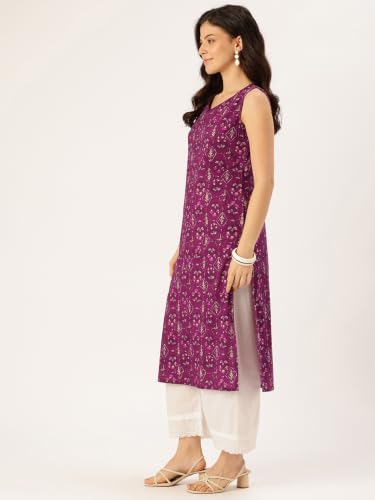 Image of feranoid Women's Pure Cotton Floral Print Straight Kurti | Elegant Curved V-Neck | Sleeveless Calf-Length Ethnic Wear | Comfortable Regular Fit | Sizes XS-XXL