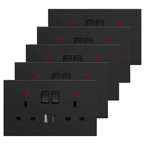BSEED Double Socket with USB C 5 Pack Electrical Double Switched Power Plug Wall Socket with LED Indicator PC Wall Plate Outlet Black 13A