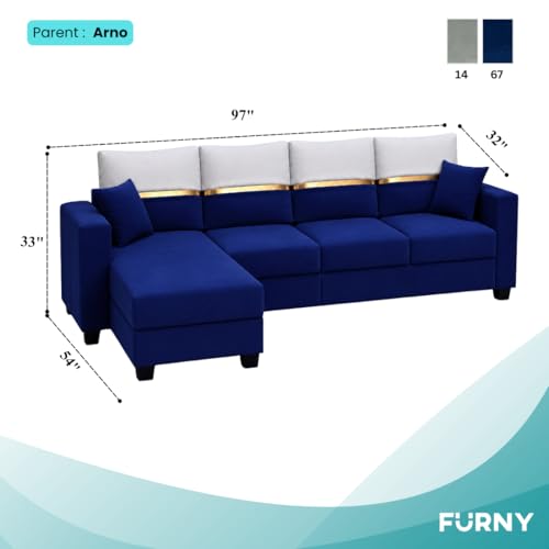 Image of Furny Arvea 5 Seater Fabric LHS L Shape Sofa Set (Blue) | Soft Velvet Fabric | Modern Design | Comfortable Seating | Living Room Furniture