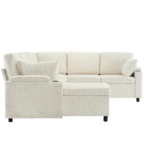 Image of ERYE 110-Inch U-Shaped Left Facing Sleeper Sectional Sofa Chenille Upholstered Corner Convertible Pull Out Sleeper Sofabed with Cupholders,Armrests Storage and USB Ports