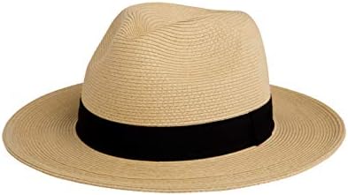 Pineapple&Star Sun Straw Fedora Beach Hat Fine Braid UPF50+ for Unisex (Large, Beige)