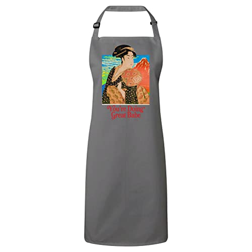 Tablier cuisine gris avec impression collage vintage geisha japonaise humour meme