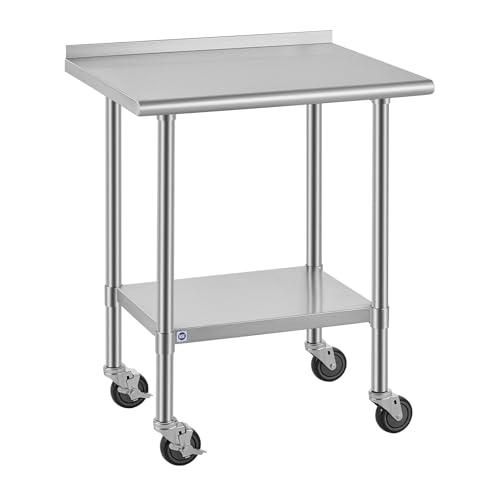 Image of ROCKPOINT All Stainless Steel Prep Table with Caster & Backsplash 24x30 Inch，Commercial Heavy Duty Workbench with Stainless Legs & Adjustable Undershelf,710 lb Capacity for Outdoor Kitchens with Wheel