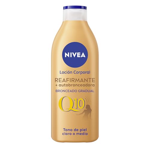 NIVEA Q10 Loción Corporal Reafirmante + Autobronceadora (400 ml), crema hidratante corporal con coenzima Q10, crema bronceadora para tono de piel claro a medio