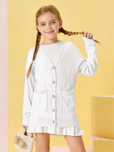 Image of Girls Cardigans Kids Fashion Open Front Long Sleeve Knit Sweaters Outerwear with Pockets 5-14 Years White
