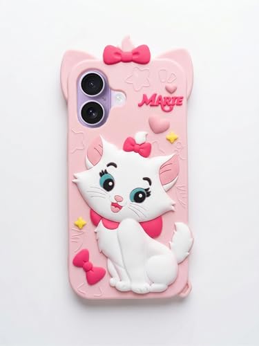 Image of amazon basics Luxury 3D Marie Cat Pink Silicone Case for iPhone 17 | Cute Cartoon Soft Back Cover | Shockproof Kawaii Designer Cover for Girls & Women