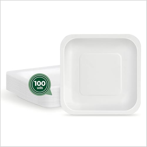 Maxi Products - 100 Platos de Cartón Desechable - 23 x 23 cm - Plato Vajilla - Plato Cuadrado Cartón Desechable - Platos para Catering, Eventos y Celebraciones - APTO ALIMENTARIO