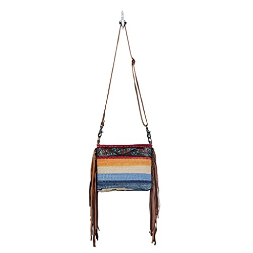 Myra Bag Etched Rainbow Hand-Tooled Bag Upcycled Cotton & Leather S-30774