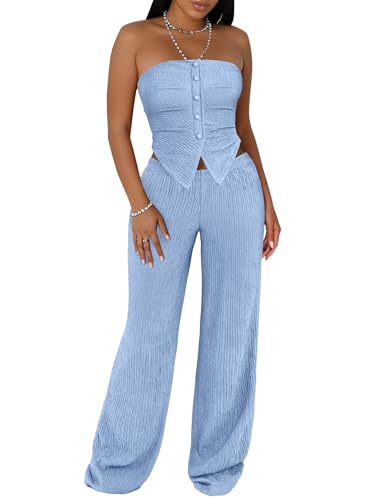 LovelyWholesale Sexy 2 Piece Outfits for Women Textured Tube Top and High Waist Wide Leg Pant Set Light Blue Medium