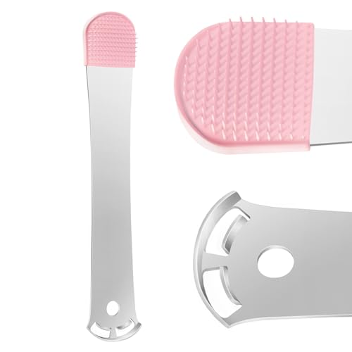 Tongue Scraper with Travel Case, Strong Tongue Scraper for Adults, Stainless Steel Tongue Cleaner with Silicone Brush, Get Rid of Bad Breath (Pink)