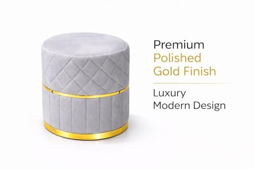 Image of Premium Velvet Puffy Ottoman Stool for Living Room, Bedroom and Dressing Area | Round Footrest with Diamond Quilting and Gold Base | Soft, Stylish and Durable Seating (Silver Grey)