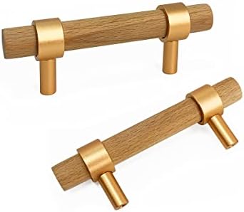 6 Pack Wood Cabinet Pulls, Beech Wood Drawer Pulls 2.5Inch Hole Centers T-Bar Modern Wooden Handles for Cabinets Dressers with Screw, Perfect Replacement Old Handles, 4.1Inch Overall Length,Rose Gold
